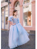 Feather Sleeves Light Blue High Low Flower Girl Dress